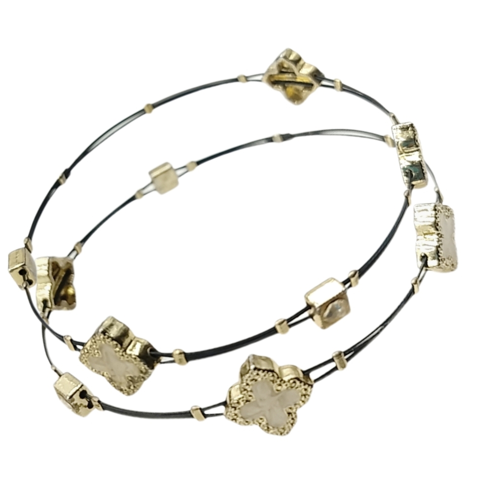 Minimalist Black Wire Bracelets w/ Gold Tone & Clover Accents. NWOT 2 Pcs